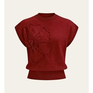 Commense Flower Applique Cap Sleeve Knit Top Burgundy Women's Size S